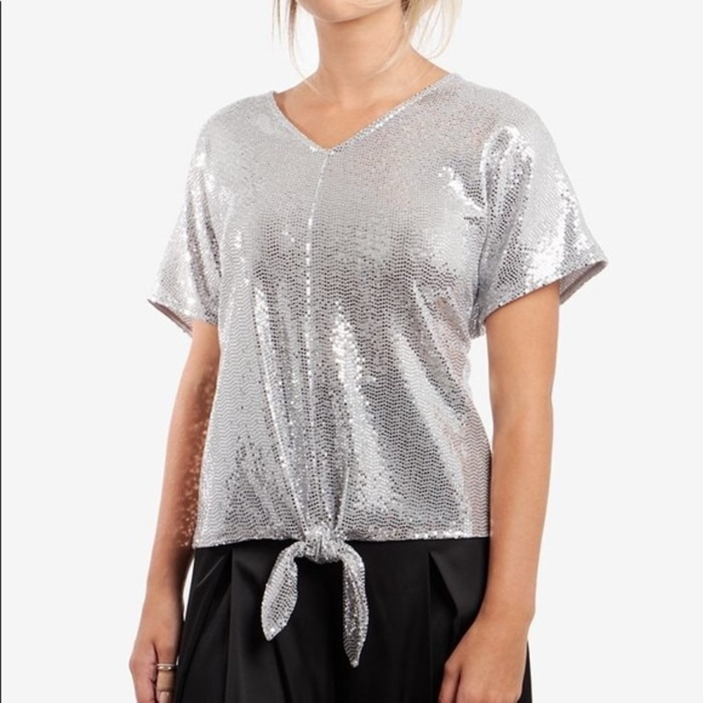 MSK Metallic Allover-Sequin Tie-Front Top Silver Size XL